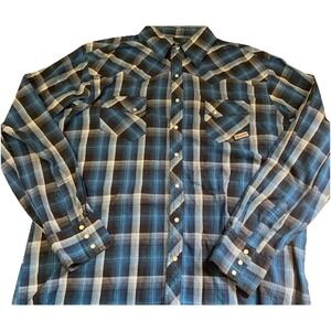 Mens XLT Wrancher Wrangler Blue Plaid Pearl Snap‎ Long Sleeve